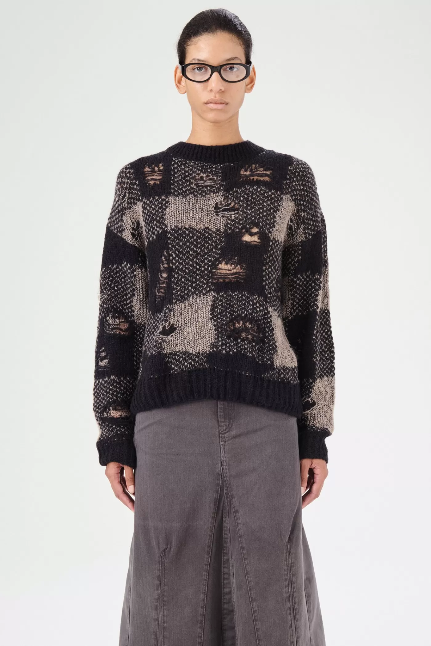 Shop Black Destructive Gingham Women Knitwear