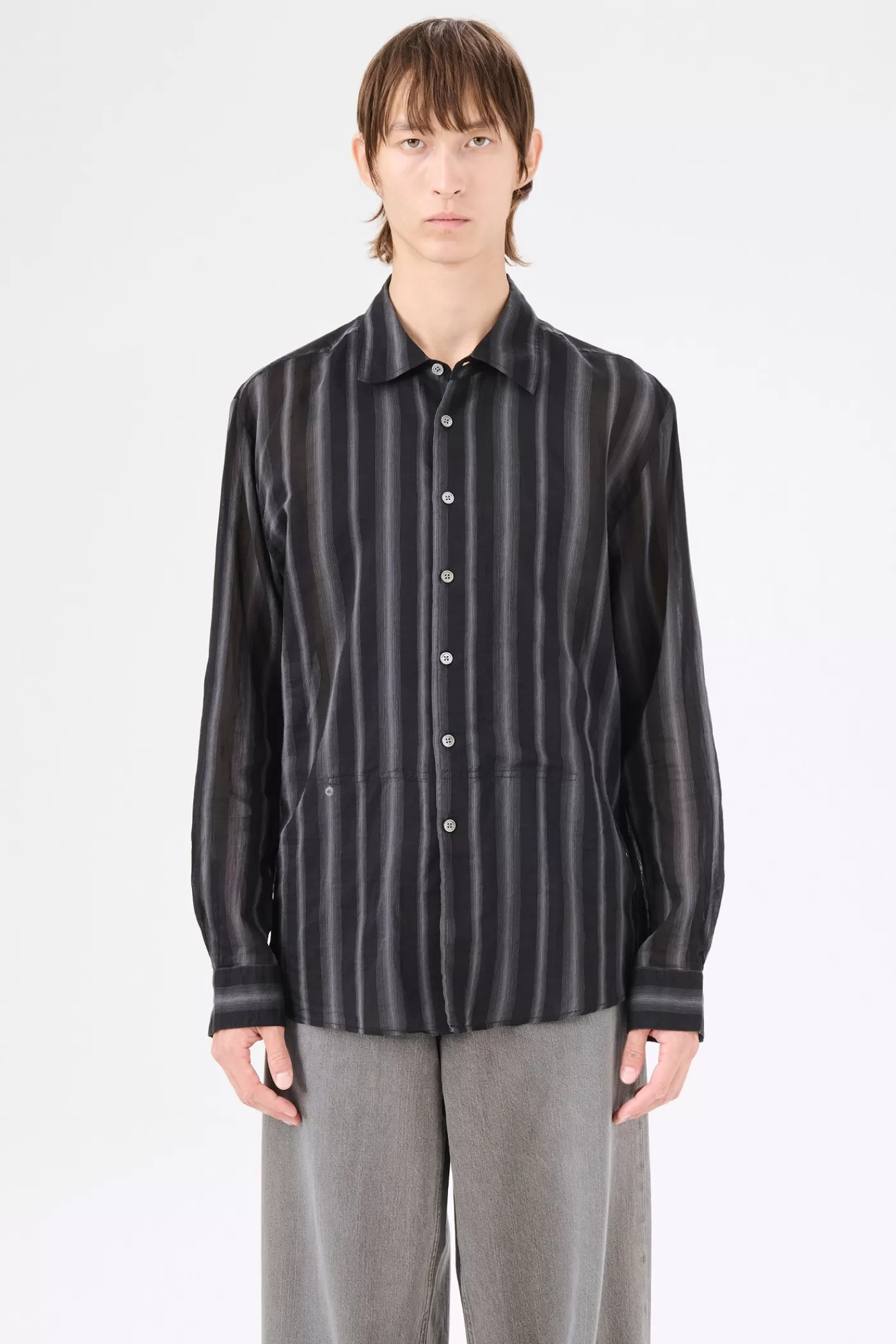 Sale Noir Stripe Sheer Cotton Silk Shirting