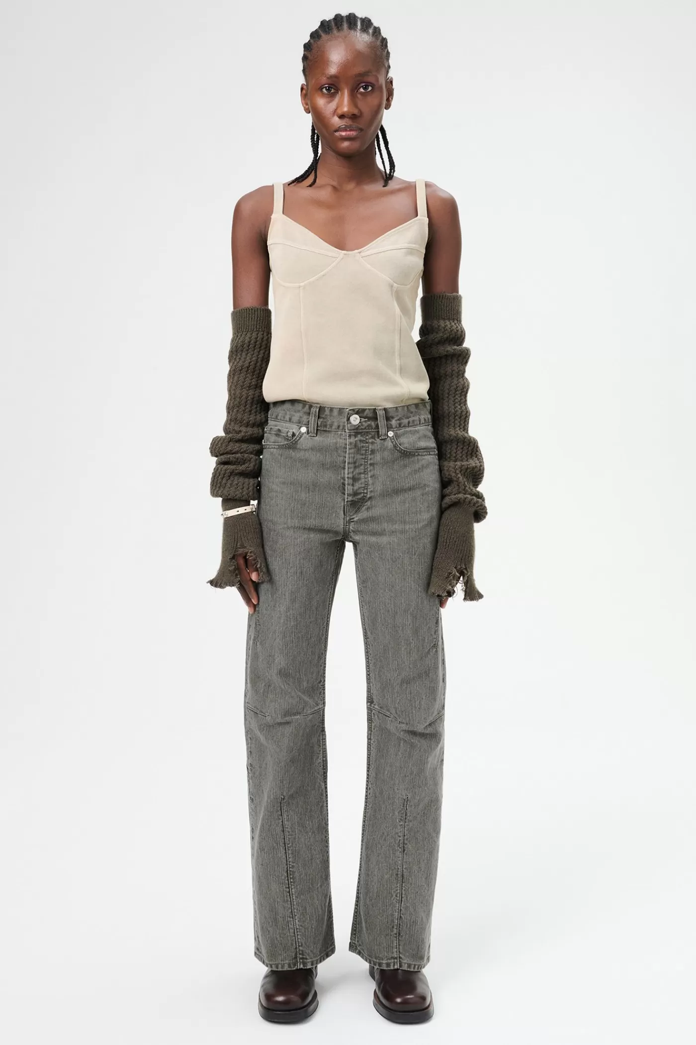 Sale Olive Pigment Coated Weave Women Jeans