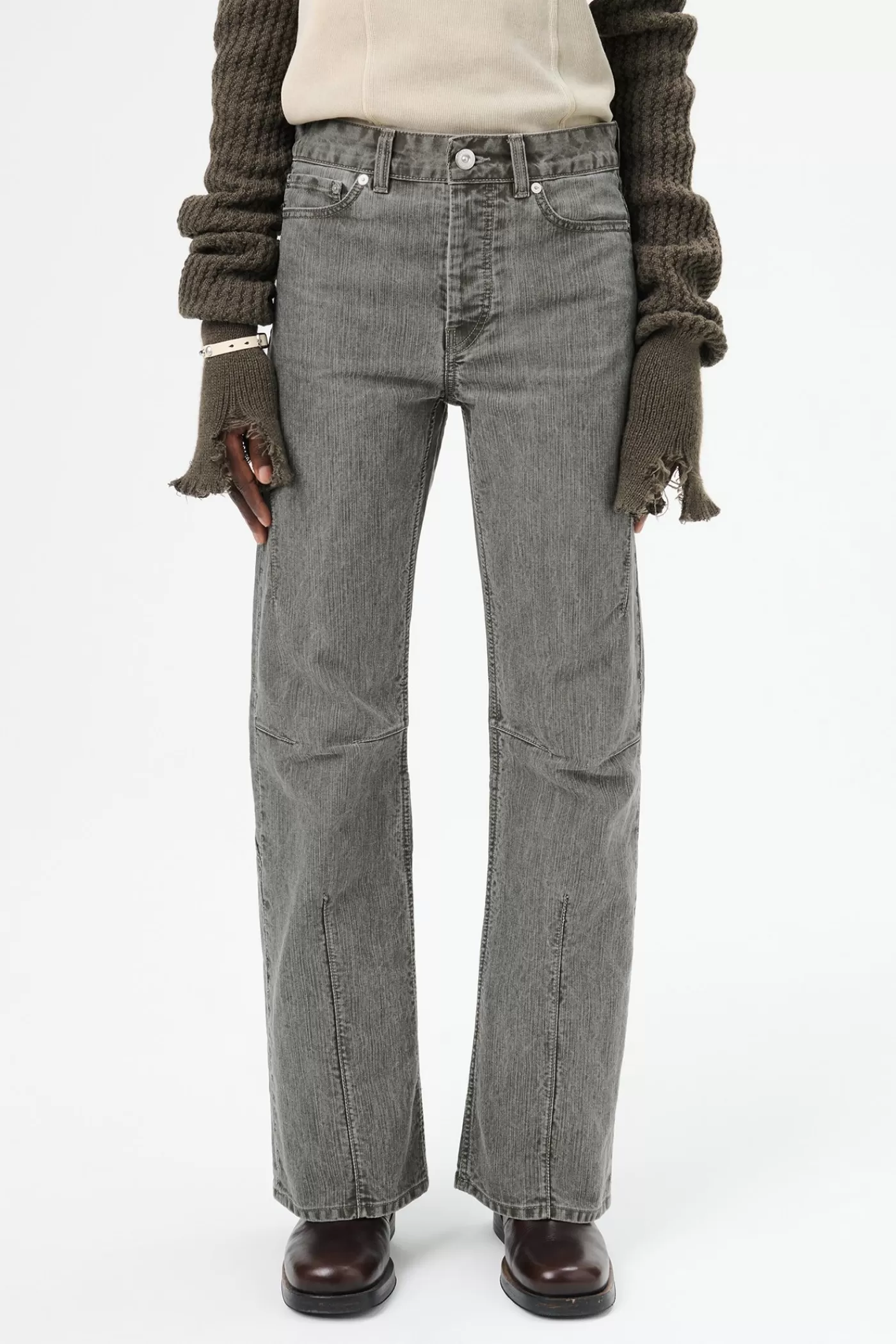 Sale Olive Pigment Coated Weave Women Jeans